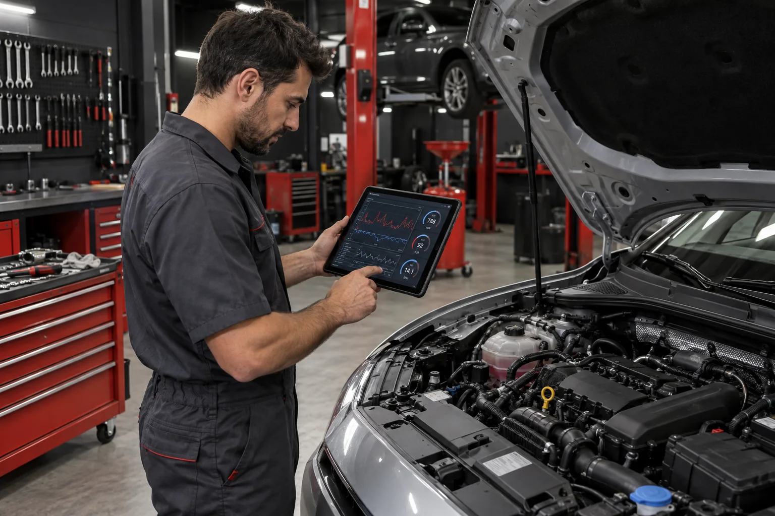 Cena ilustrativa: mecânico fazendo diagnóstico com tablet ao lado de um carro com o capô aberto